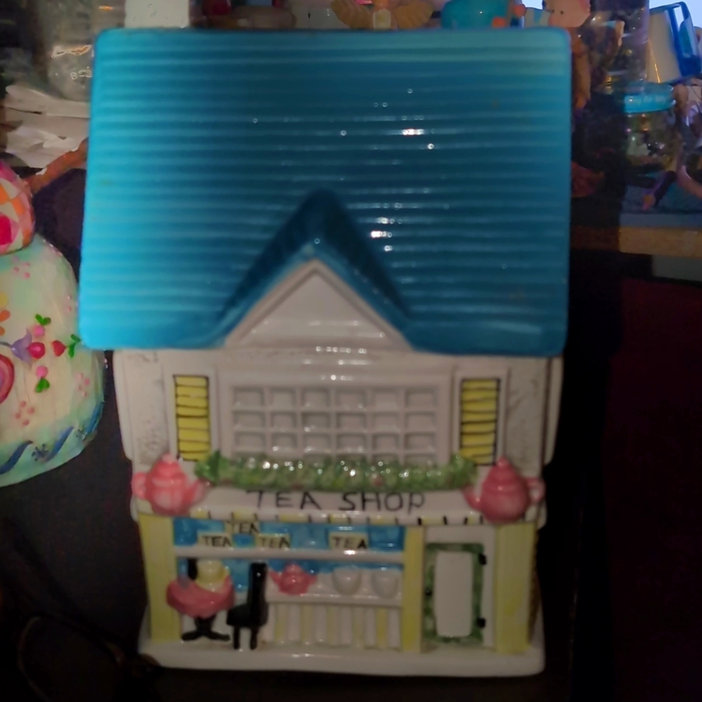 AVAILABLE - Vintage Ceramic Cookie Jar "Tea Shop" 11"Tall